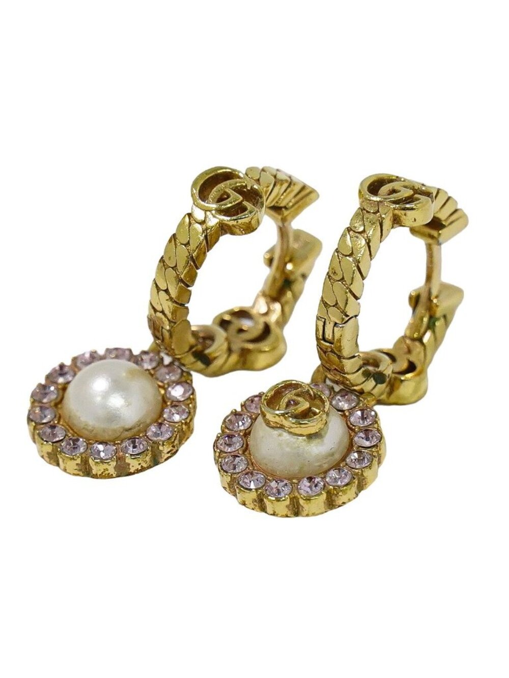 Gucci Double G Faux Pearl Rhinestone Hoop Earrings Gold Plated White